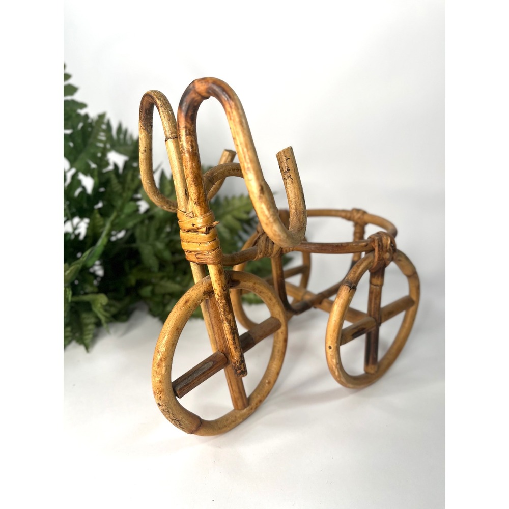 Vintage Bamboo Tricycle Trike Plant Stand Holder Wicker Rattan Boho Decor